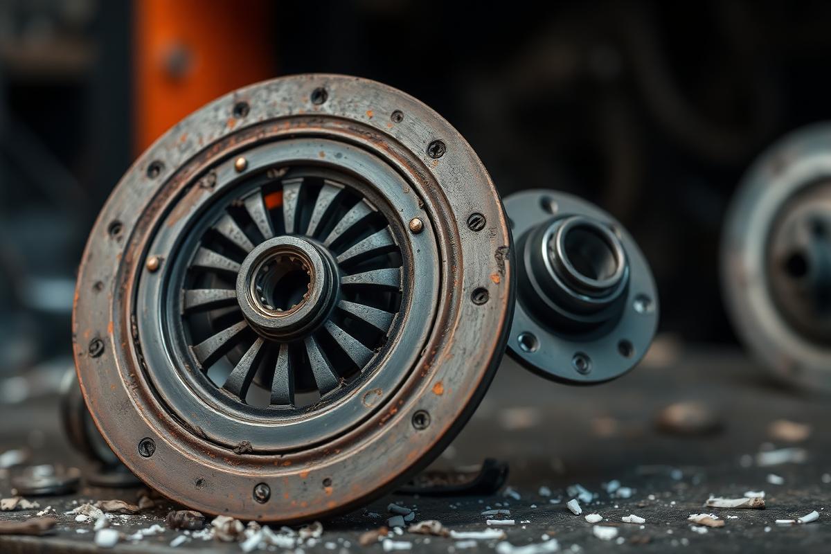 Worn clutch friction plate and pressure plate removed from a vehicle